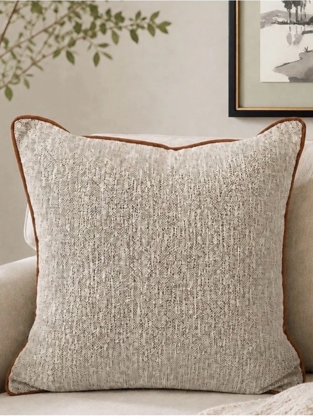 Magnolia Neutral Textured Pillow with Tan Piping